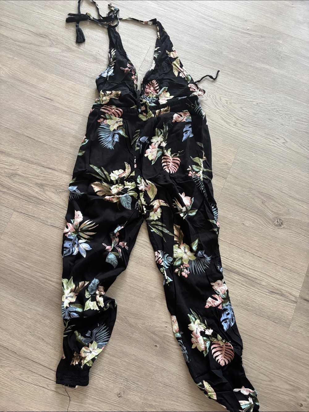 Mustard Seed Black Floral Halter Jumpsuit